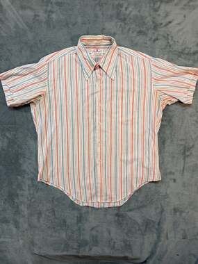 XL Vintage 70s Cambridge Striped Short Sleeve Shirt Red Blue White